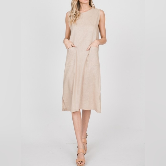 #36 SALE 🛑28 S,M,L FINAL PRICE Linen Blend Front Pockets Sleeveless Midi Dress - Picture 14 of 14